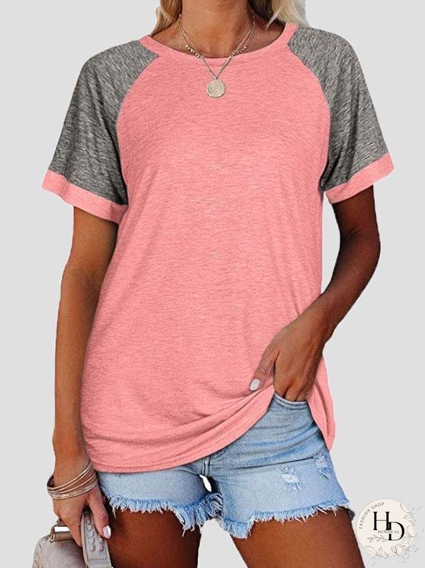 Casual Round Neck Short Sleeve Two Color T-shirts for Women