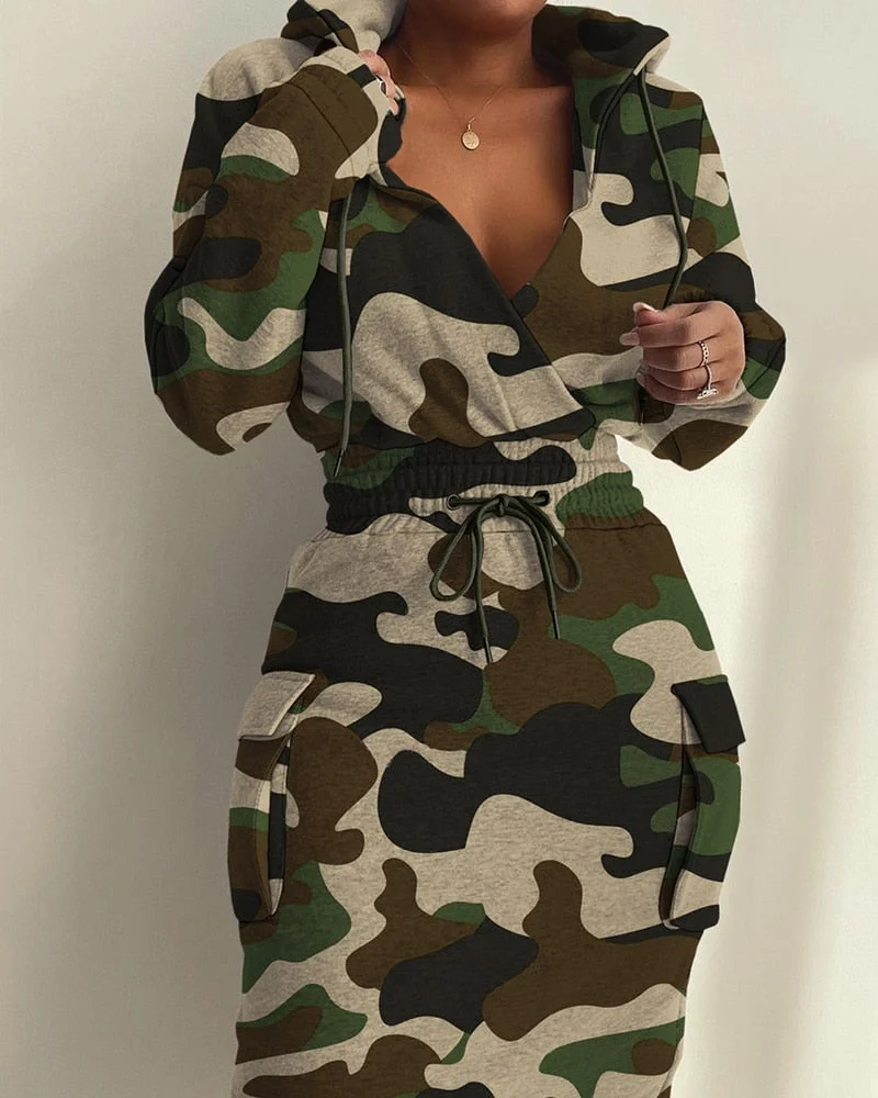 Graduation Gifts  Femme Pocket Design Camouflage Print Drawstring Waist Hooded Sweatshirt Dress 2022 New Casual Robe Lady Outfit