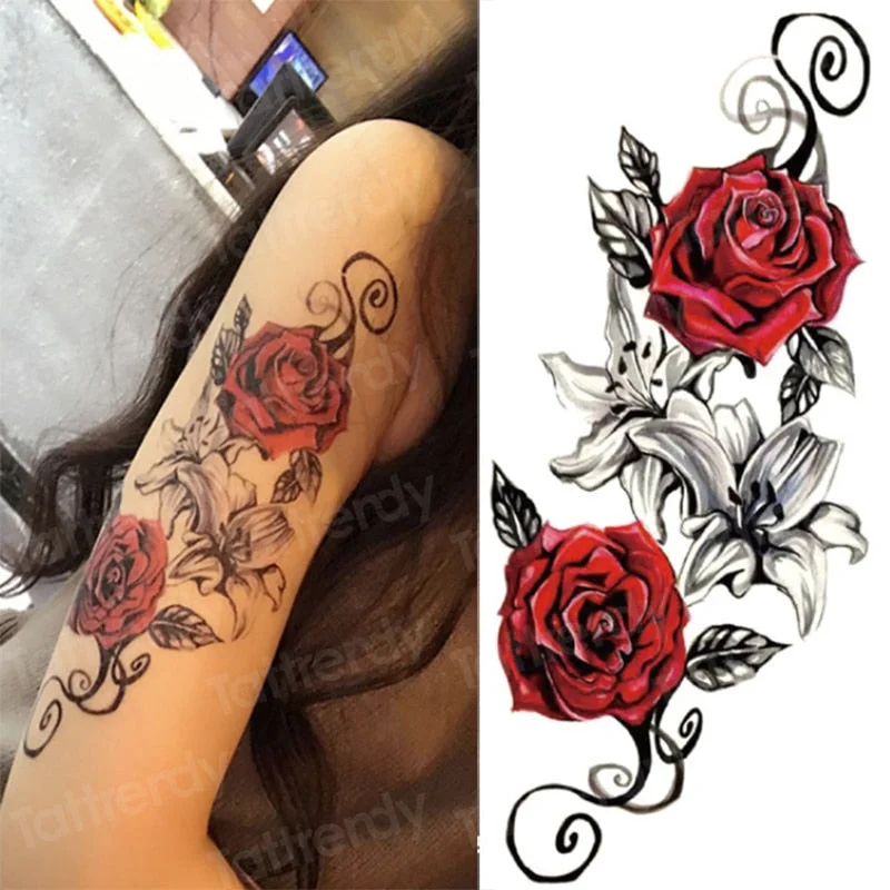 Snake Flower Rose Waterproof Temporary Tattoo Sticker Flash Tattoo Lace Fox Lion Body paint Arm Fake Sleeve Tattoo Women Mermaid