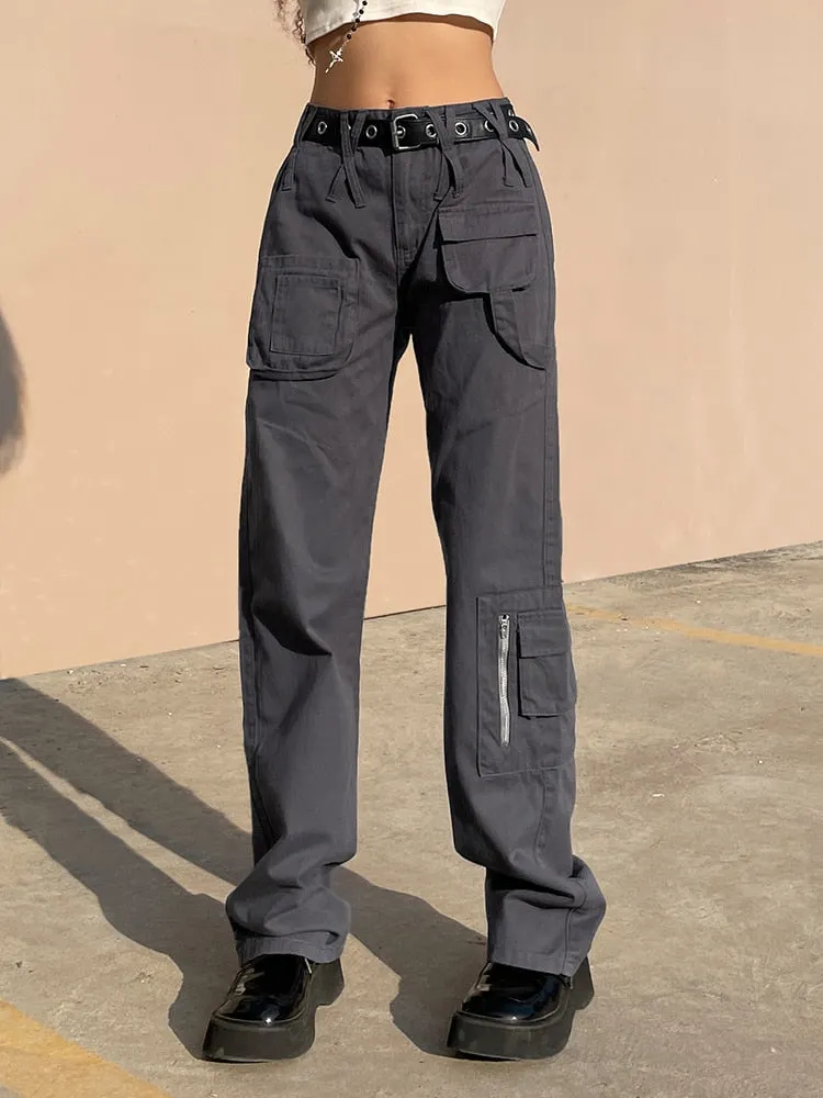Rapcopter y2k Vintage Grey Cargo Jeans Ppockets Zipper Bandage Solid Trousers Fashion Baggy Streetwear Sweatpants Women Korean