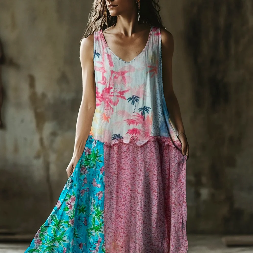 Vintage Floral Women's Linen Vest Dress