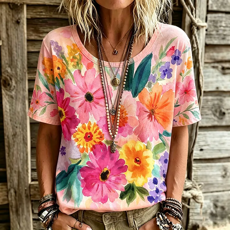 Women's Retro Floral Art Print Casual Linen Crew Neck T-shirt