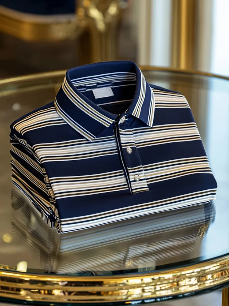 Men's Business Casual Striped Button Short Sleeve Polo Shirt