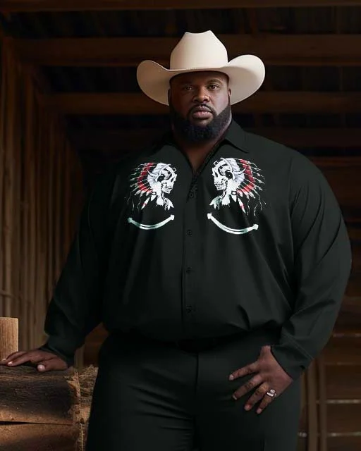 Western Cowboy Style Indians Men's Plus Size Black Long Sleeve Trousers Two-Piece Set