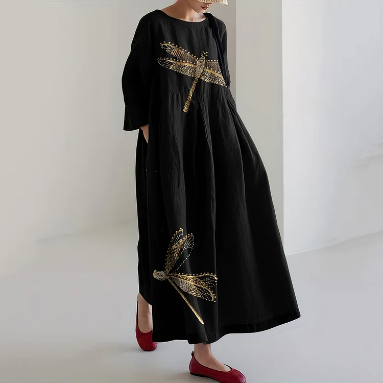 Women‘s Farm Dragonfly And Bee Linen Blend Maxi Dress