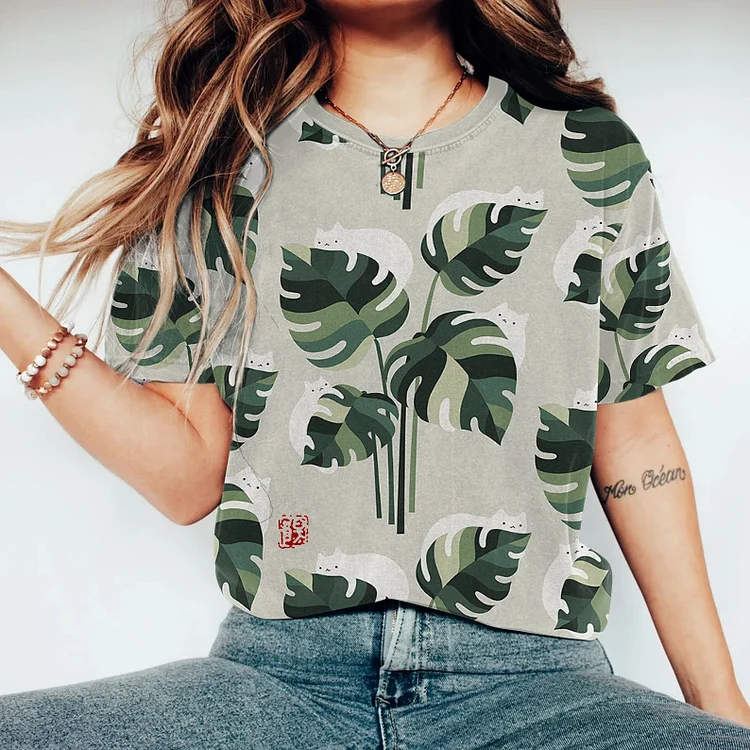 Abstract Creative Cute Plant Cats Painting Art T-Shirt