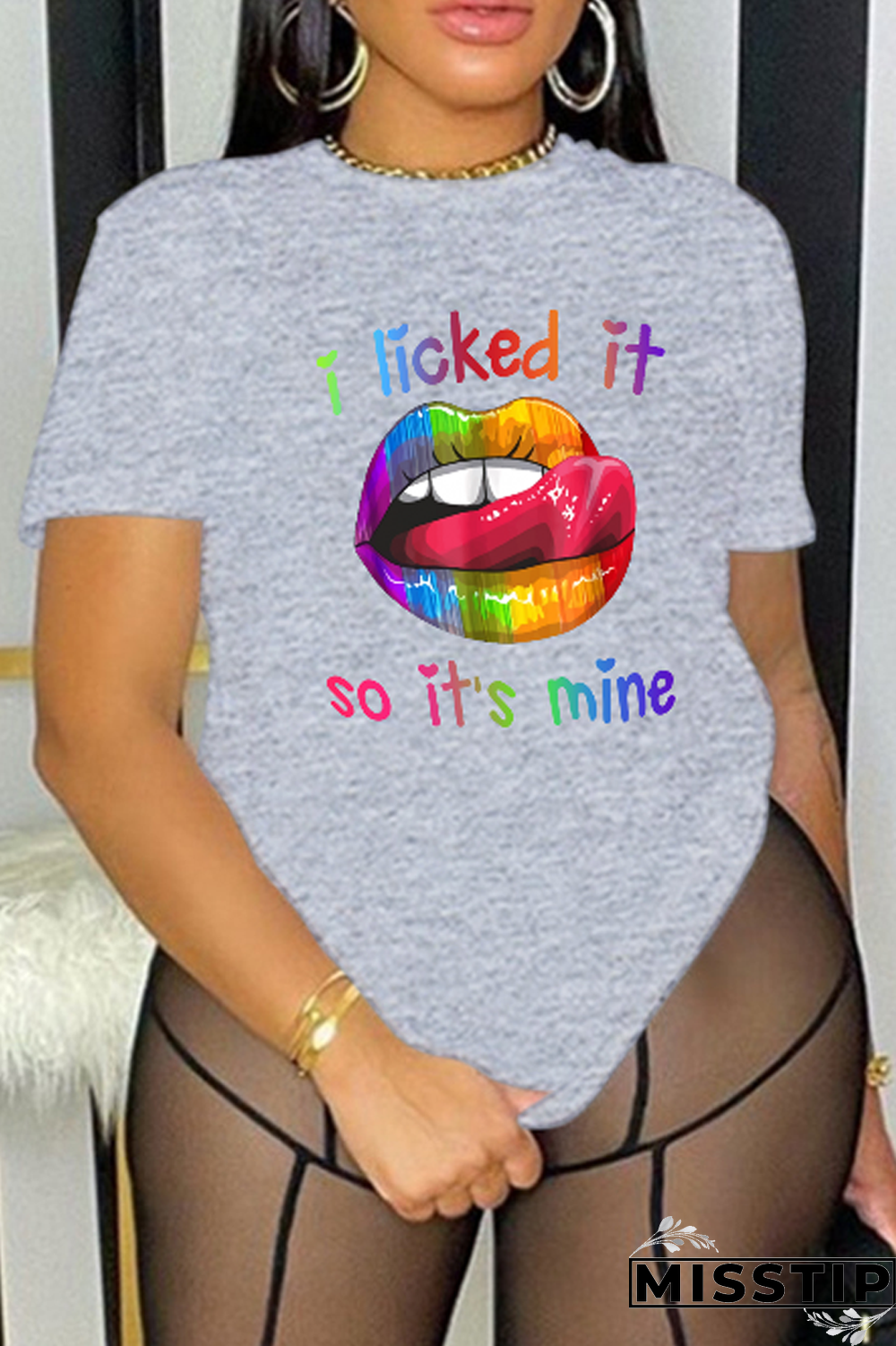 Grey Casual Daily Lips Printed Patchwork O Neck T-Shirts