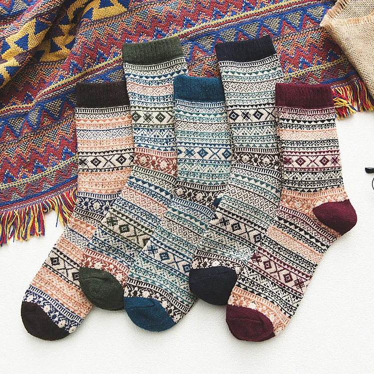 Christmas Warm Small Rhombus Ethnic Style Men's Mid-tube Wool Socks（five pairs）