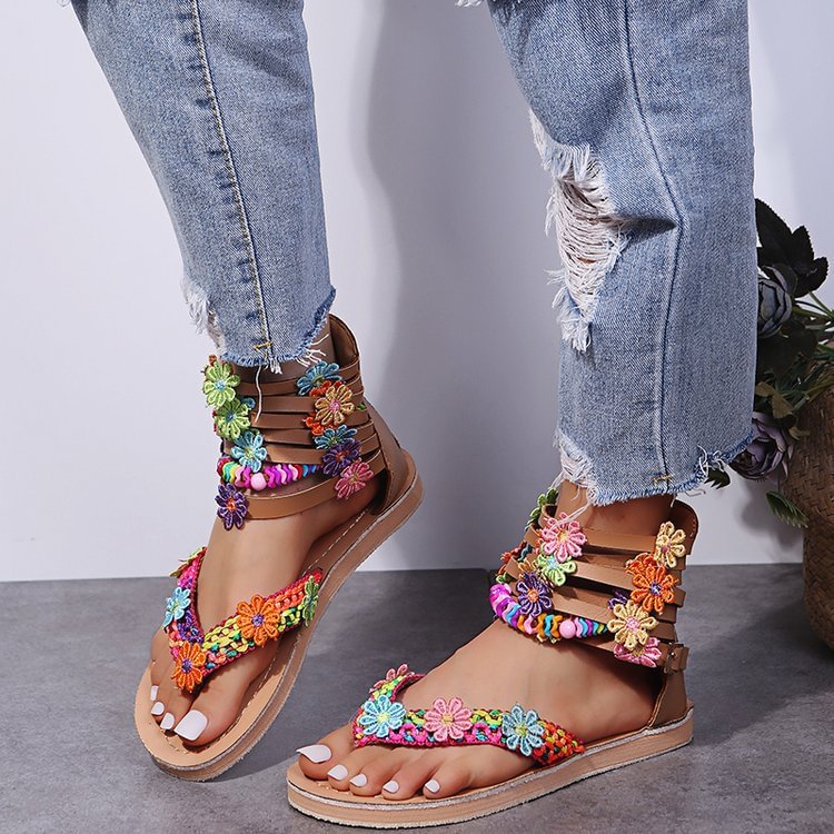 Women's Roman Style Flat Floral Flip Flops Back Zipper Sandals - vzzhome