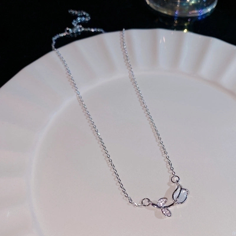 Elegant Lady Geometric Heart Shape Bow Knot Titanium Steel Copper Plating Inlay Zircon Pendant Necklace