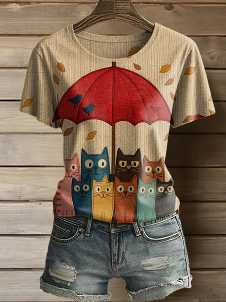 Women's Casual Cute Cat Printed Round Neck Short Sleeve T-shirt wearshes