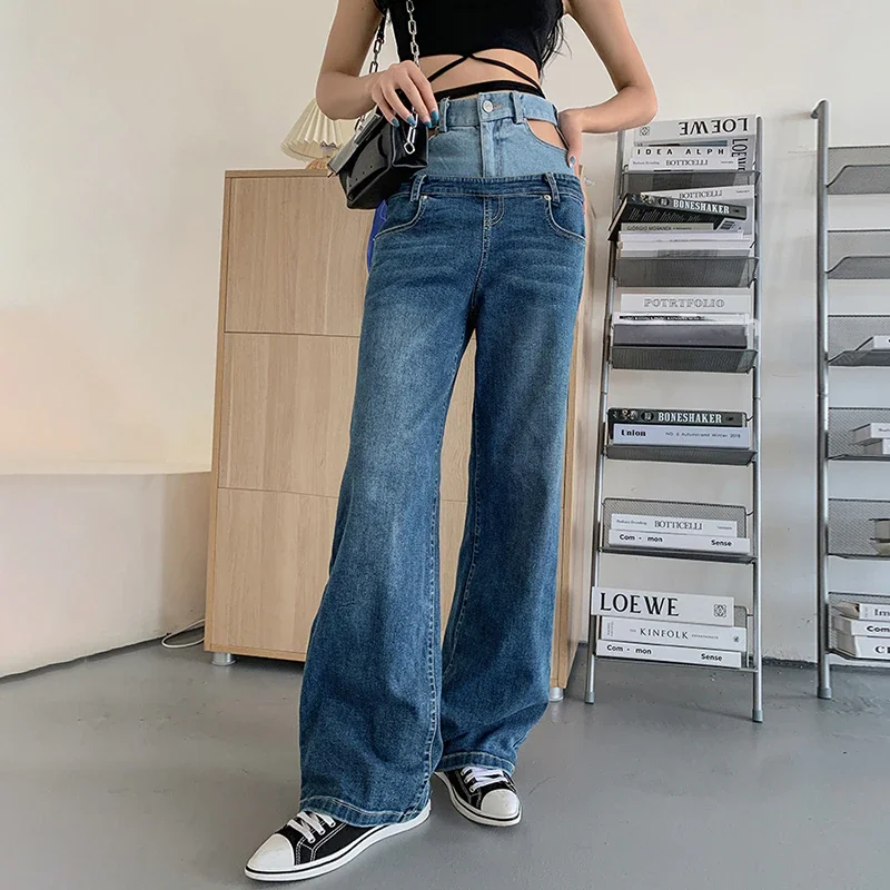 Cartoonh Casual Colorblock Cut Out Denim Jeans For Women High Waist Straight Wide Leg Pants Female Fashion Style 2021 New