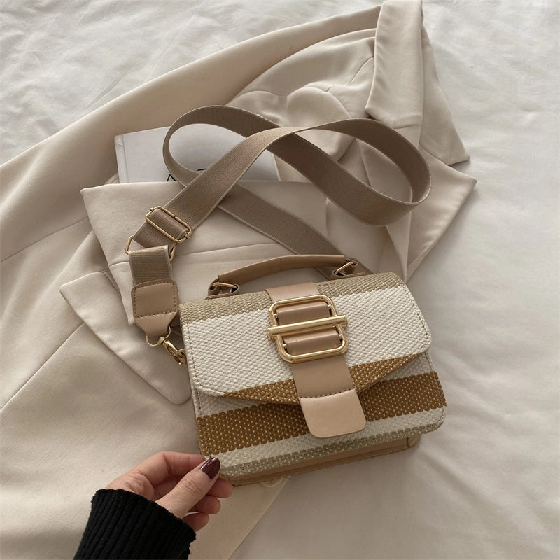 Women’s Pu Leather Stripe Classic Style Sewing Thread Square Magnetic Buckle Flip Cover Crossbody Bag