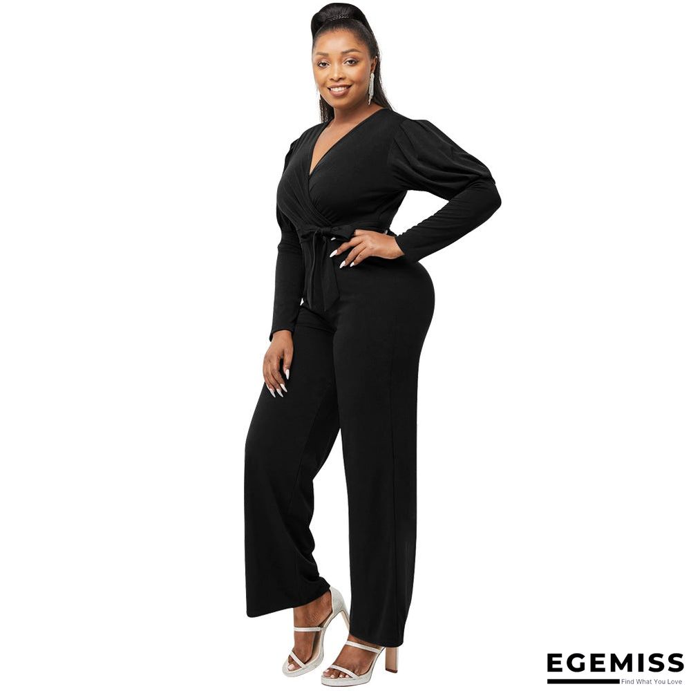 Autumn and Winter Solid Color V-neck Bubble Sleeve Personalized Casual Wide Leg Jumpsuit | EGEMISS
