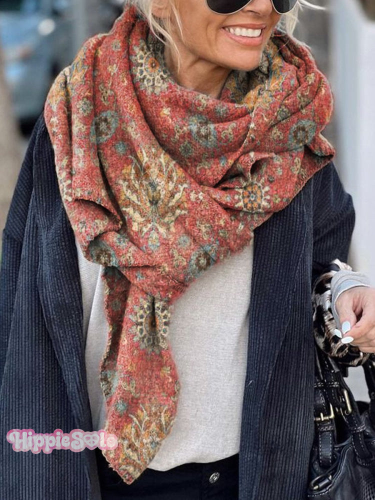 Women’s Ethnic Floral Pattern Print Casual Knitted Blanket Poncho Hood Cape Multicolor / Onesize