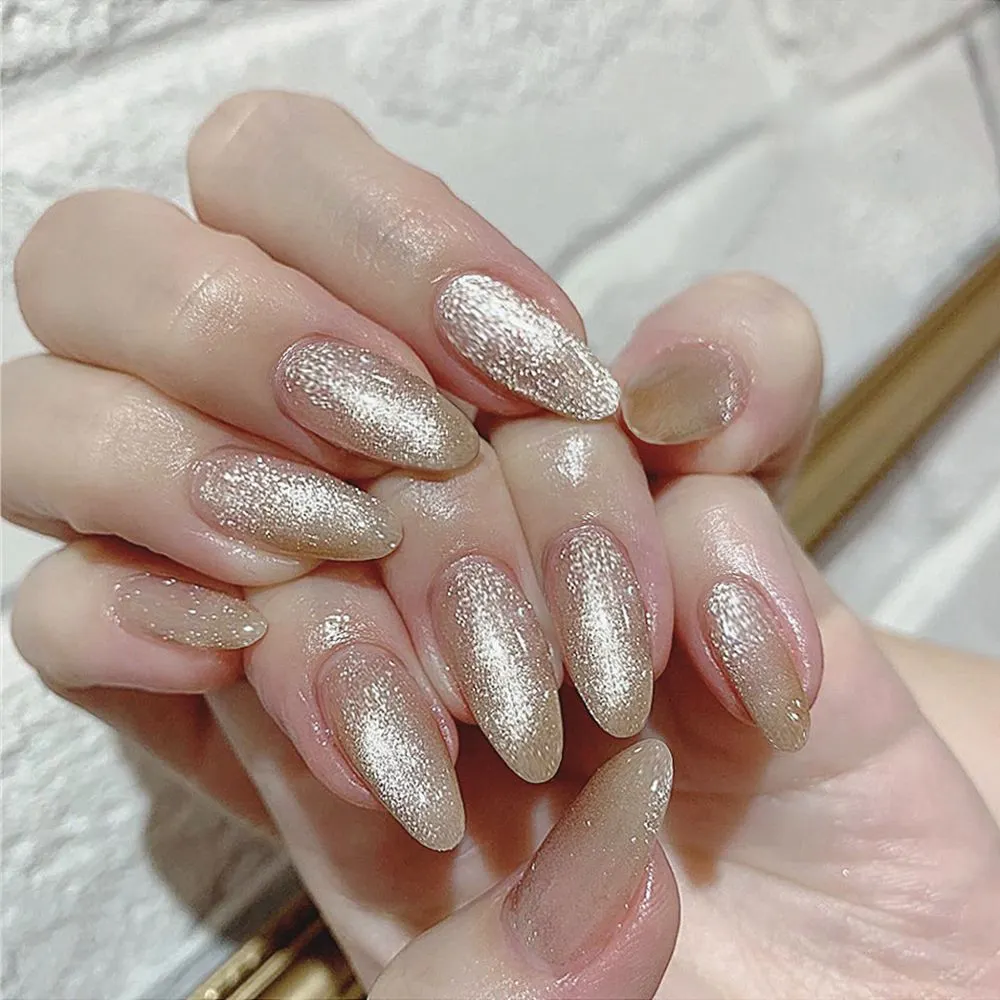 24Pcs/Set Cat Eye Phototherapy Nail Patch Wearable Fake Nail Short False Nail Wedding For Winter Autumn Wearable Full Cover-Nail Inspo