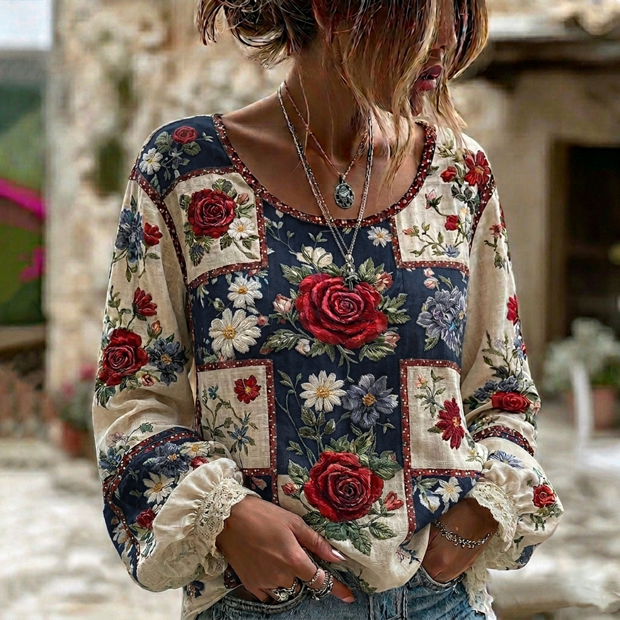  Women's Vintage Independence Day Flower Art Print Linen Blend T-shirt Westsshops