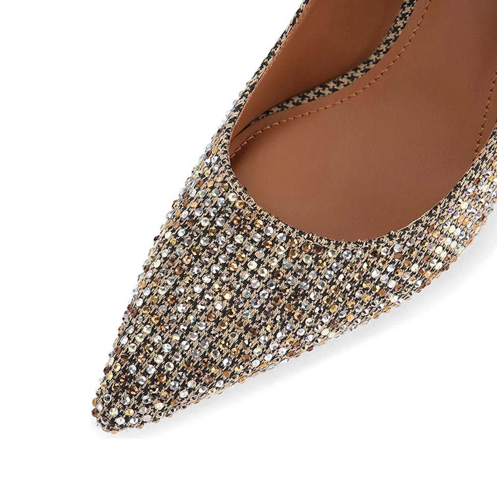 Black & Tan Houndstooth Pattern Rhinestone Ankle Strap Pumps Heels