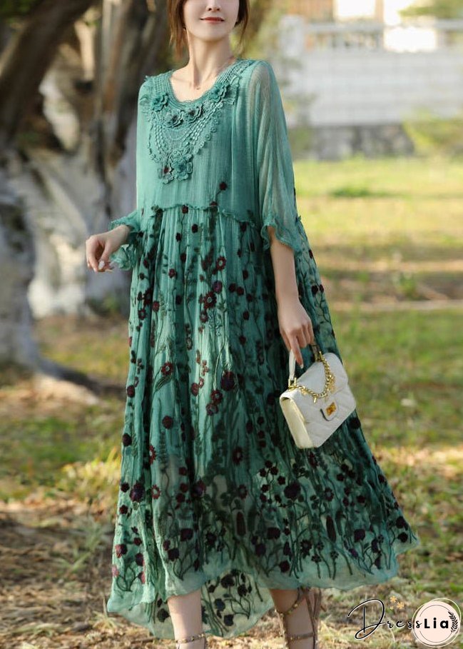 Stylish Lake Green Embroideried Patchwork Silk Long Dress Half Sleeve