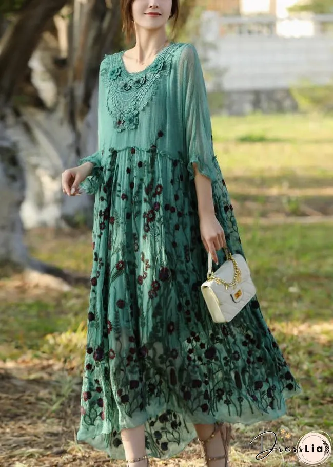 Stylish Lake Green Embroideried Patchwork Silk Long Dress Half Sleeve