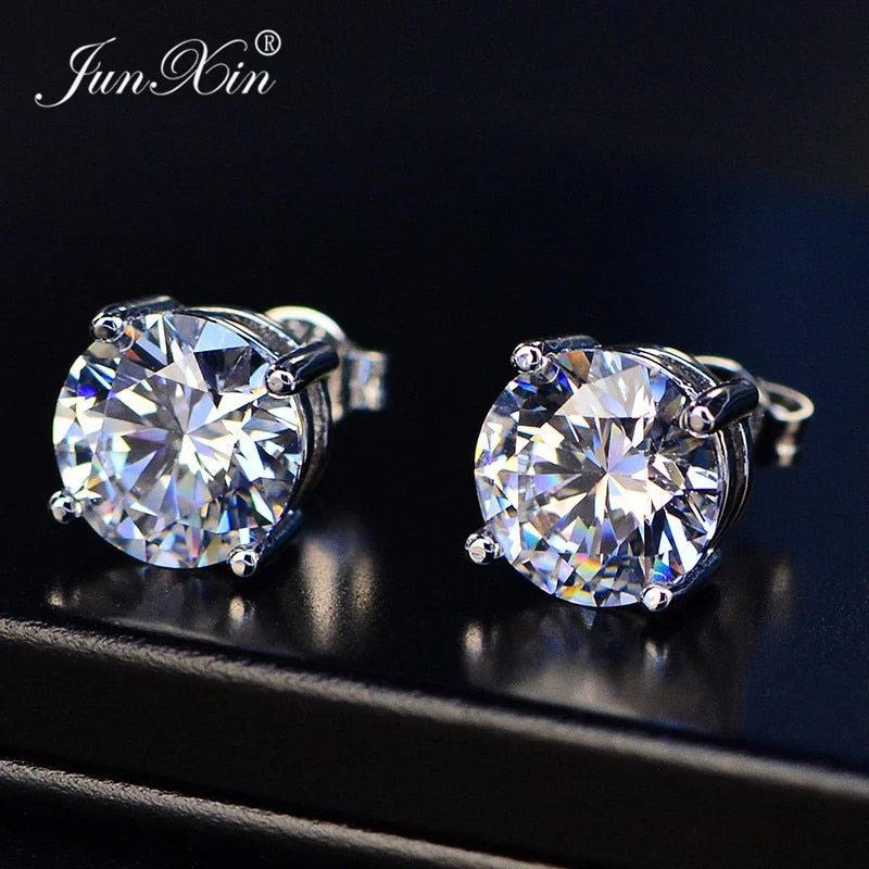 JUNXIN Luxury Female White Round Stud Earring 100% Real Silver Color Earrings For Women New Fashion Double Earrings