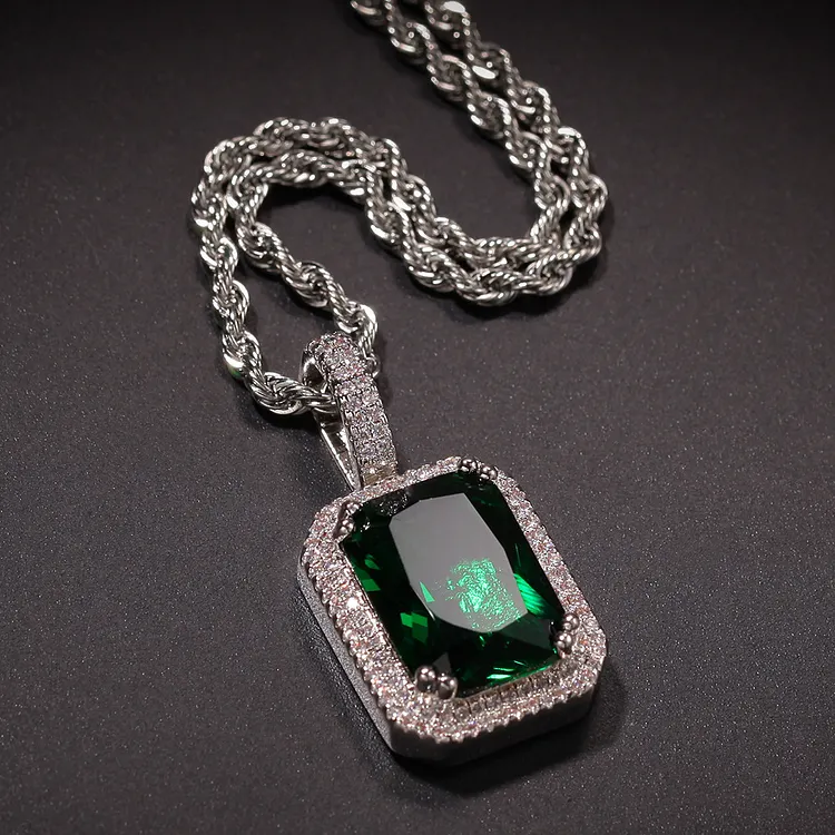 35mm iced out gemstone pendant necklace with rope chain