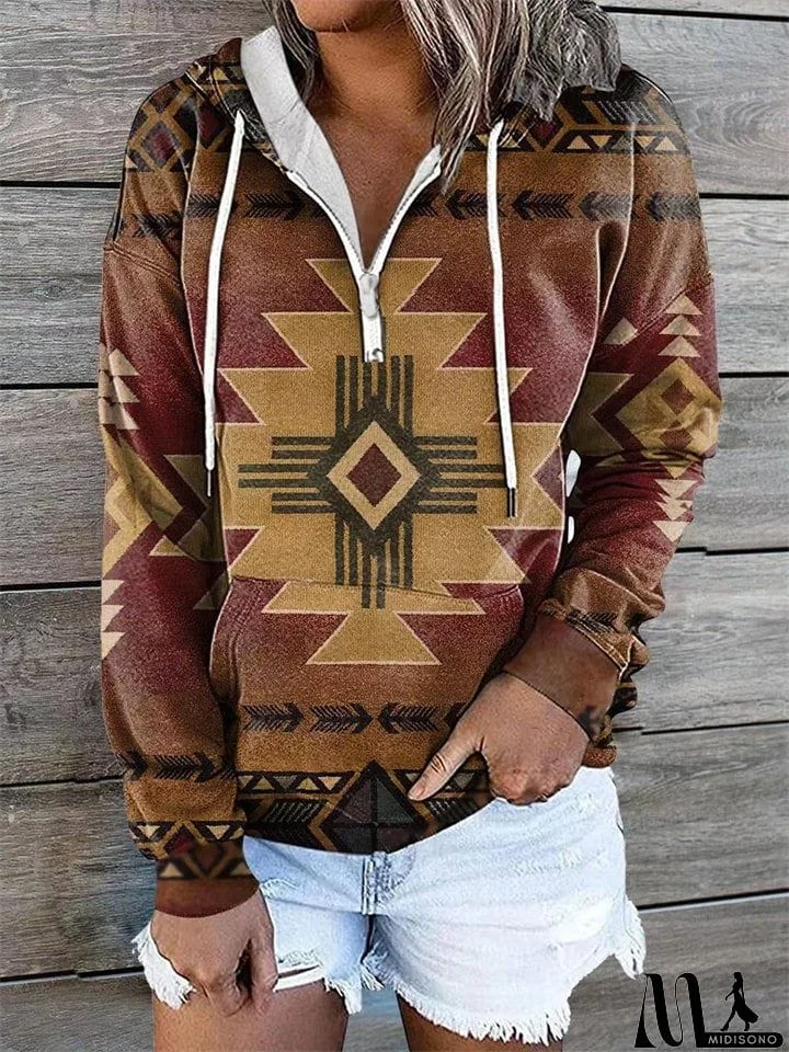 MidiSono - Women's Ethnic Diamond Printed Long Sleeve Pullover Hooded Sweatshirt