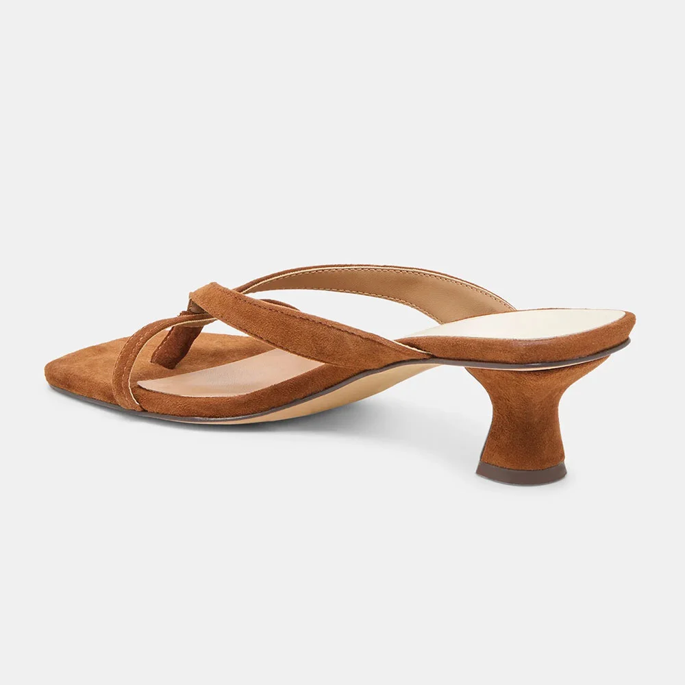 Brown Vegan Suede Square Toe Spool Heel Flip Flops Mules Sandals