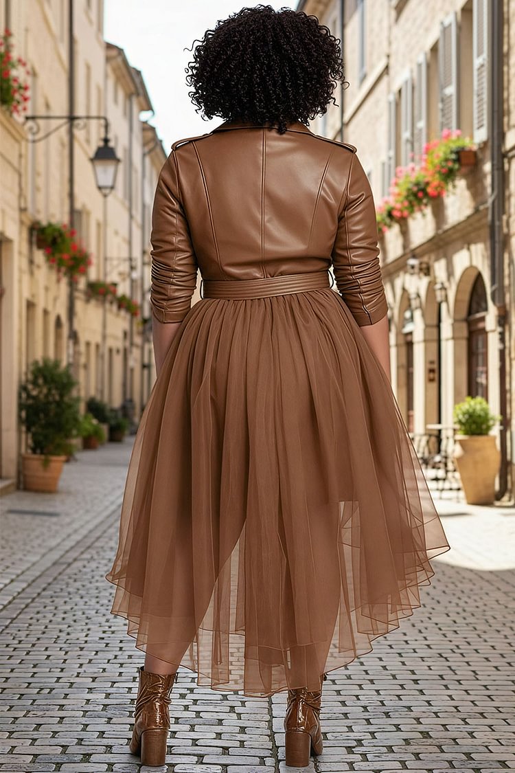 Xpluswear Design Plus Size Daily Tulle Brown Turndown Collar Long Sleeve Asymmetric Hem Vintage PU Leather Midi Dresses [Pre-Order]