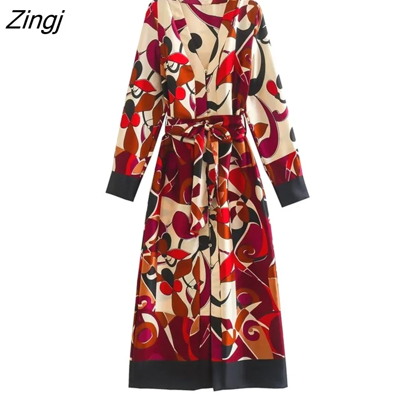 Zingj New Women Vintage V Neck Cloth Patchwork Print Bow Tied Sashes Midi Shirt Dress Office Lady Casual Kimono Vestidos DS2621