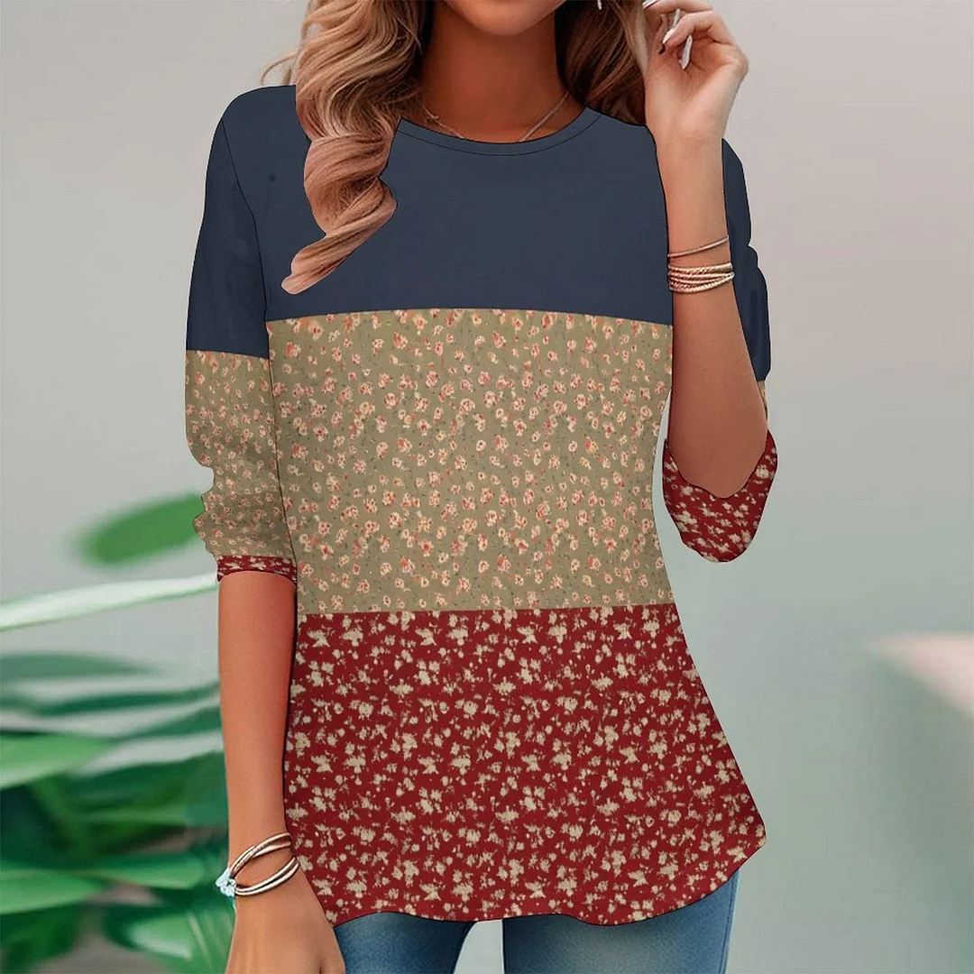 Vintage Printed Long Sleeve Plus Size Tunic for  Women and Men Unisex Pattern Floral,Red,Light Coffe,Navy,Stitch