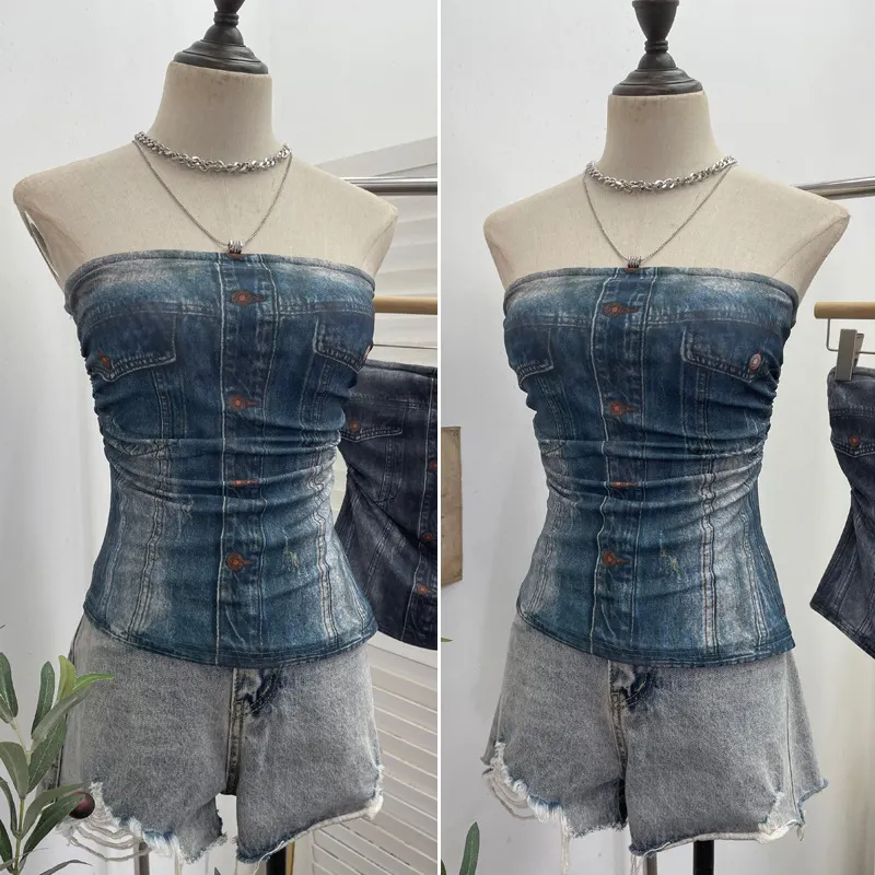 Nigikala Nigikala Shooting Denimed Tie-Dye Printing Mesh Yarn Tectar Tset With Chest Cushion Anti-Slip Vest Short Top 1255