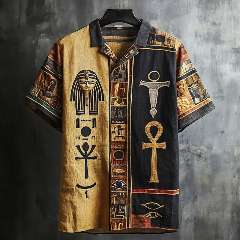 Ankh Ancient Egyptian Embroidered Contrast Patchwork Linen Shirt