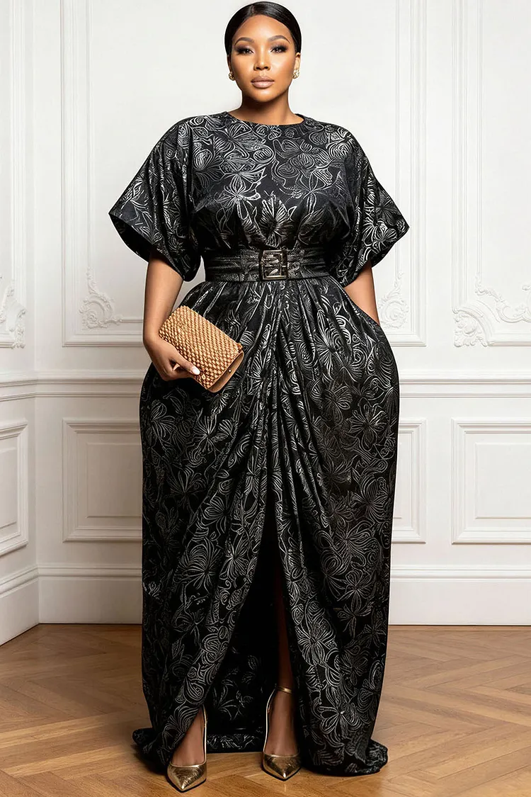 Xpluswear Design Plus Size Formal Black Round Neck Short Sleeve Wrap Split Jacquard Maxi Dresses [Pre-Order] 2024 - Xpluswear