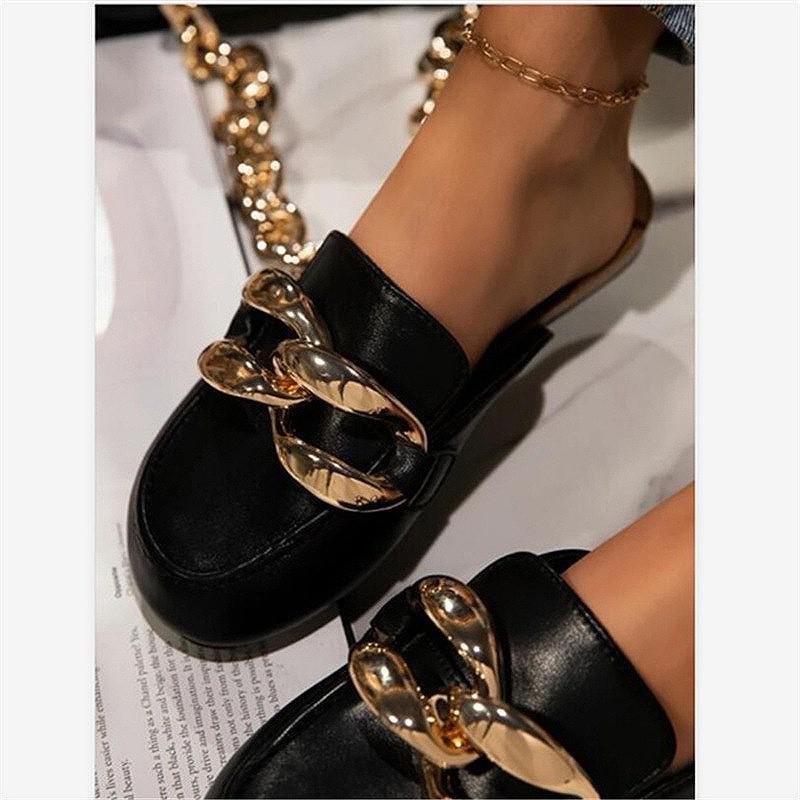 Brand Design Gold Chain Women Slipper Closed Toe Slip On Mules Shoes Round Casual Slides Flip Flop Plus Size 36-43 Ytmtloy