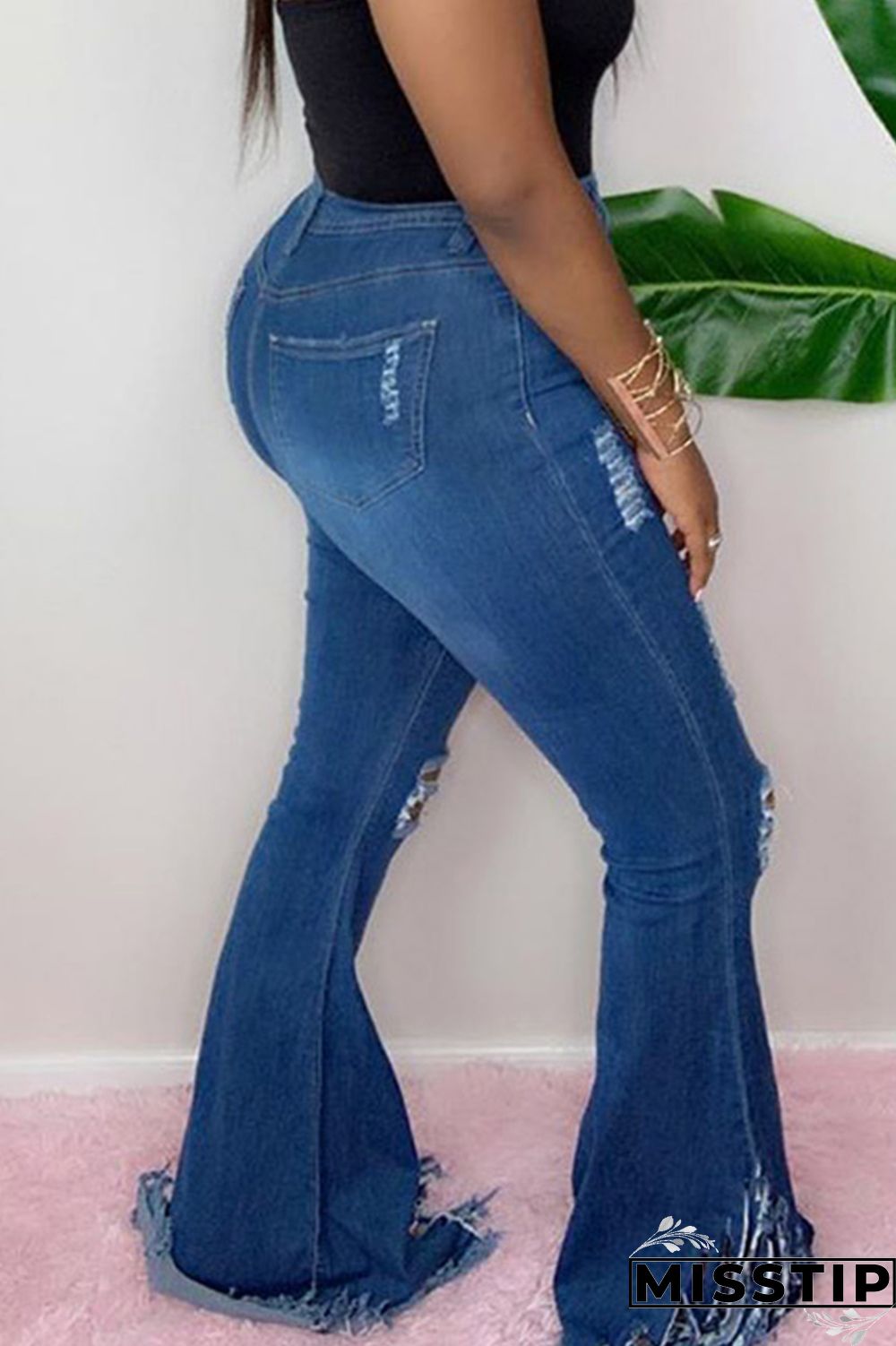 Dark Blue Denim Zipper Fly Mid Solid Tassel Hole Boot Cut Pants Bottoms