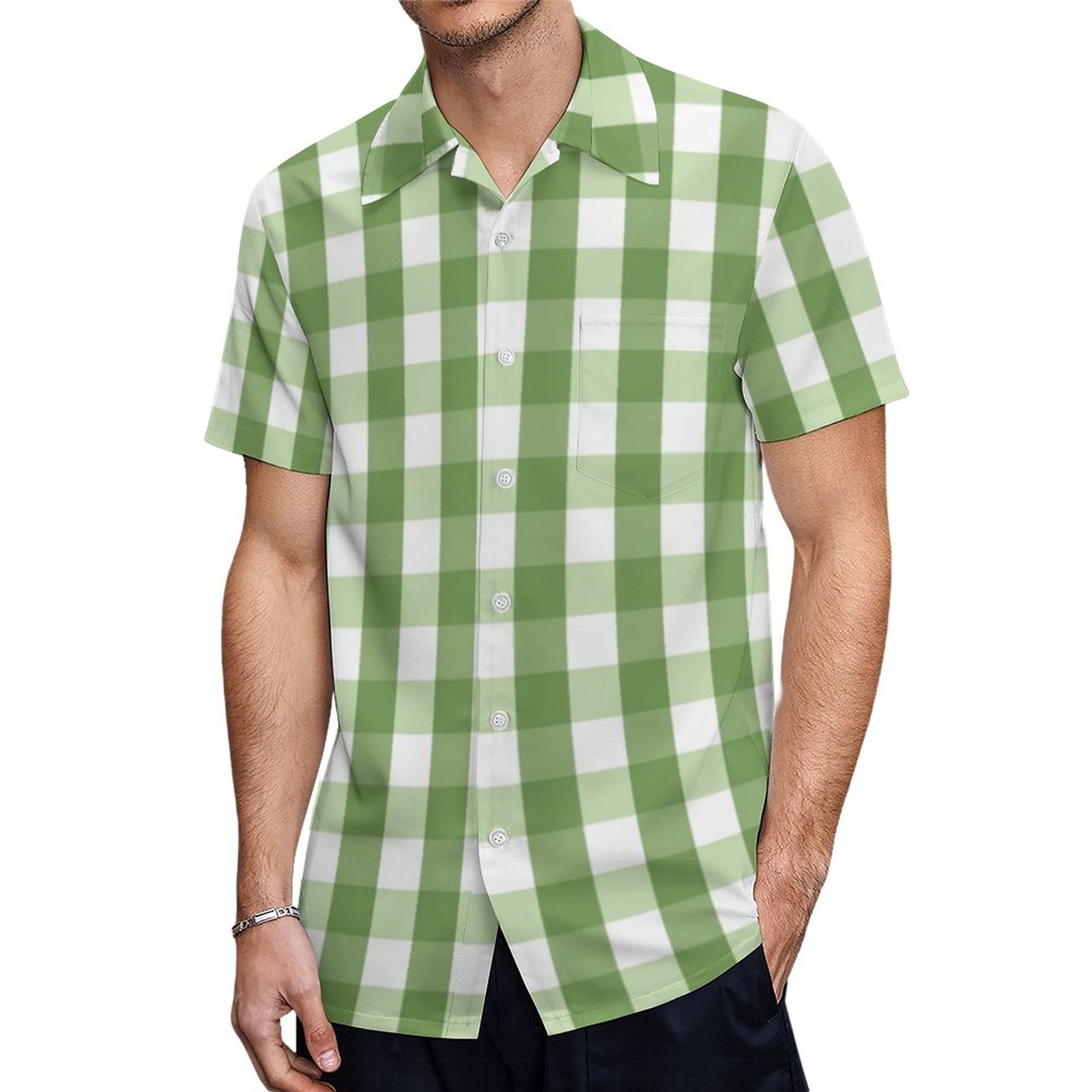 Olive Green Gingham Plaid Trendy Pattern Hawaiian Shirt Mens Button Down Plus Size Tropical Hawaii Beach Shirts