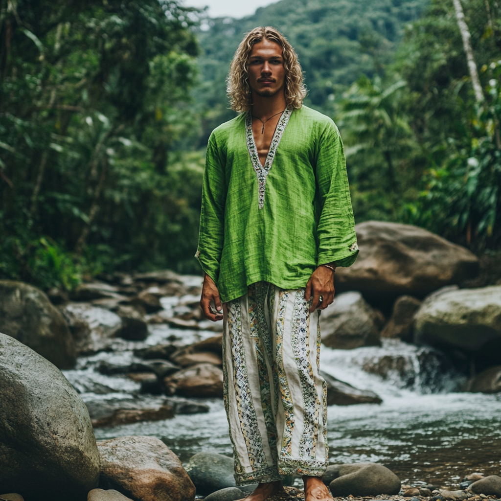 Men's Bohemian Holiday Style Vintage Ethnic Totem Print Cotton And Linen Casual Pants-inspireuse