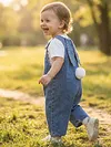 Baby Easter Outfit Denim Overall Pants Bunny Ear Romper with Pom Pom Tail Jeans Jumpsuit Cute Rabbit Ear Overalls for Toddler Boy Girl