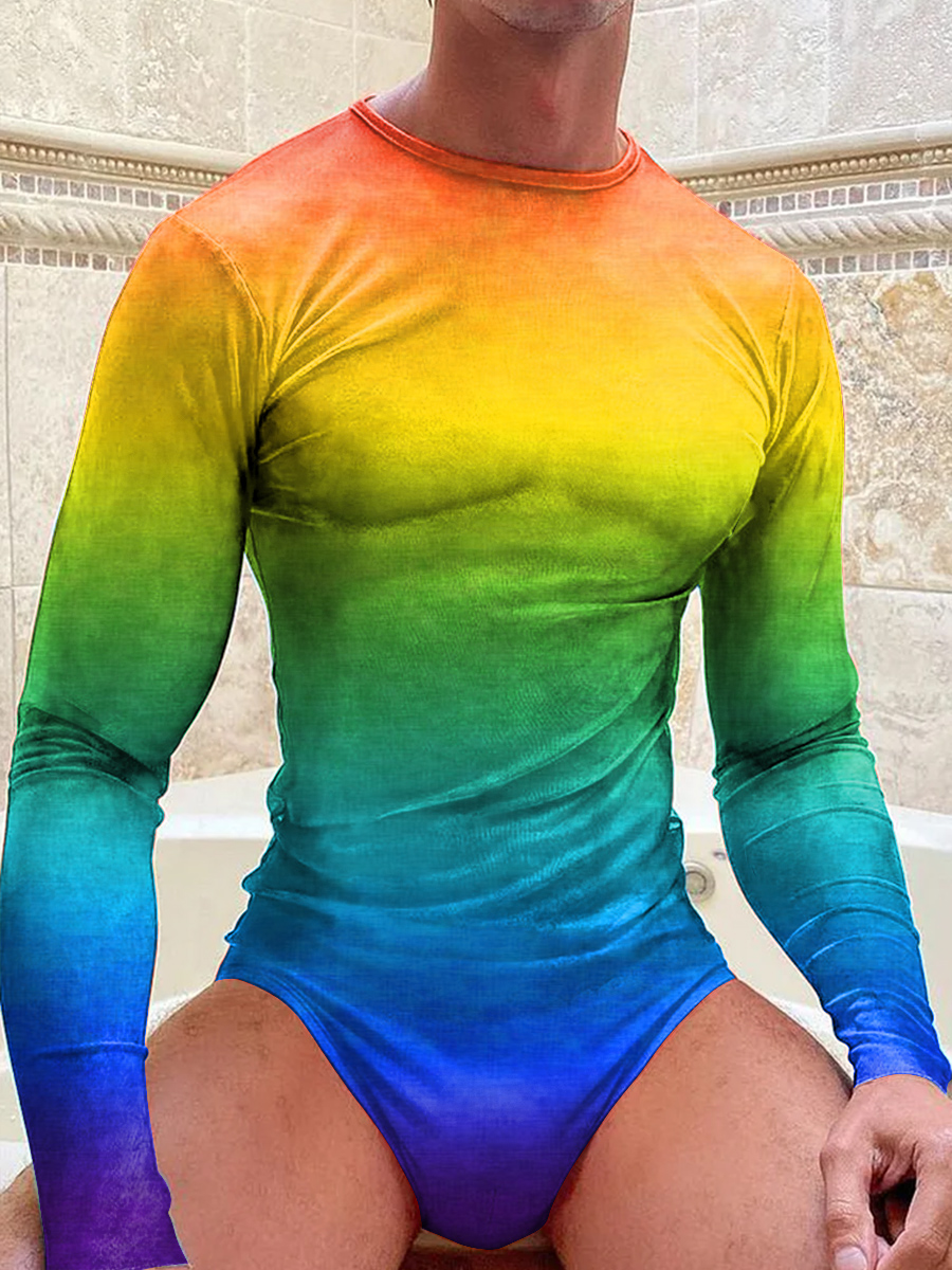 Men's LGBT Gay Pride Rainbow Gradient Print Casual Round Neck Long Sleeve Jumpsuit
