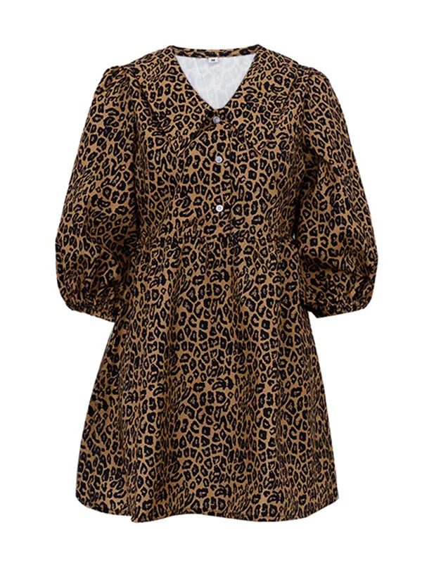 Zipper No Belt Leopard Elasticity Buttoned Puff Sleeves Loose V-Neck Mini Dresses