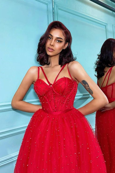 Daisda Tulle Red Spaghetti Straps Pearls Prom Dress On Sale 3561