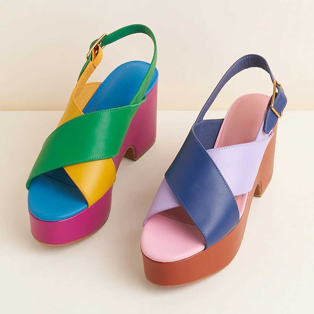 Multi-Color Round Toe Block Heel Cross Strap Platform Sandals Nicepairs