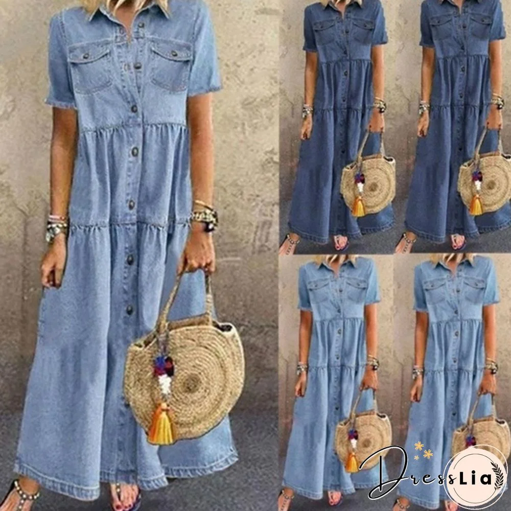 Women Summer Autumn Denim Long Dresses Retro Button Pockets Jeans Dress Ladies Casual Robes