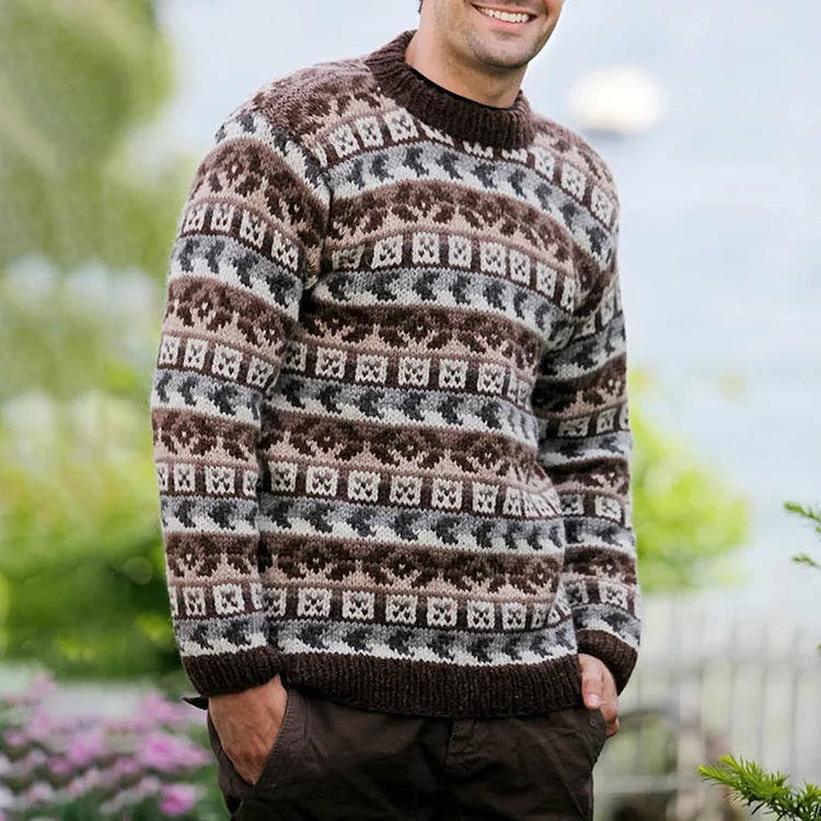 Comstylish Vintage Warmth  Knit Jacquard Icelandic Crew Neck Sweater