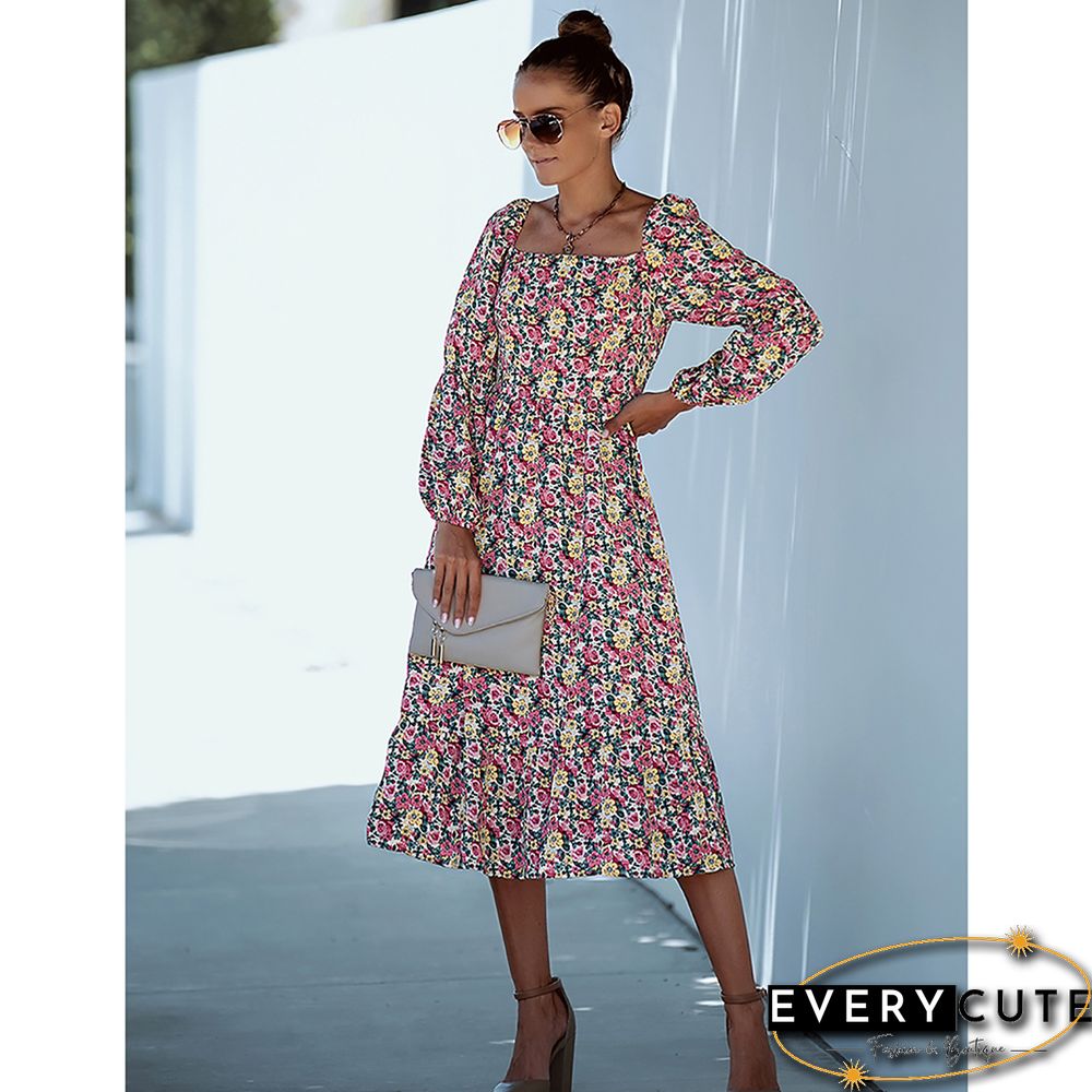 Red Square Collar Swing Floral Dress