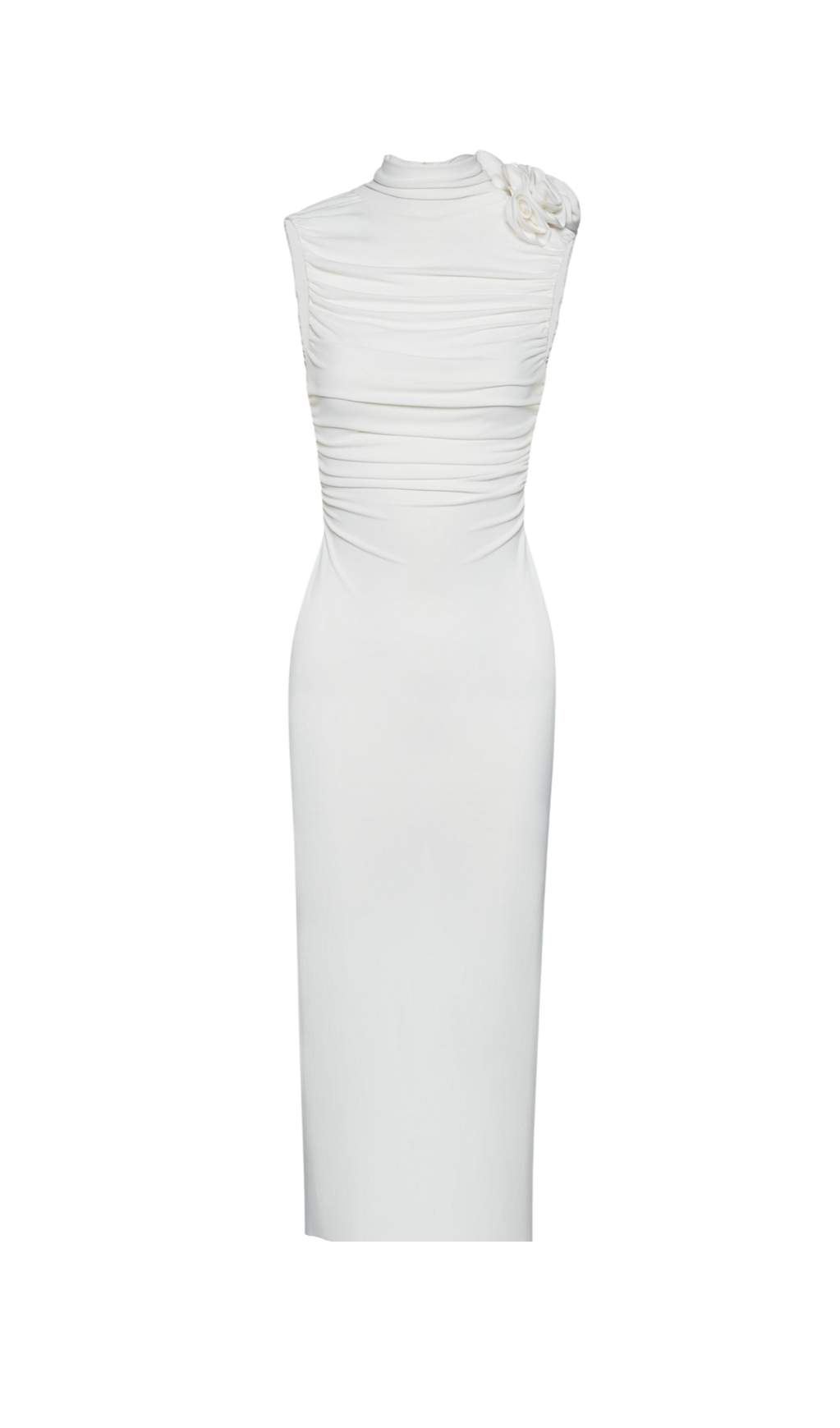 ADORA FLOWER EMBELLISHED RUCHED MIDI DRESS IN CREAM