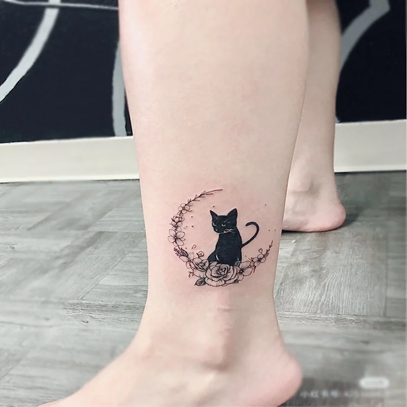 1PC Black Cat Fake Tattoo Stickers For Men Women Ankle Arm Wirst Body Art Temporary Tattos Waterproof Flash Decals Tatoos