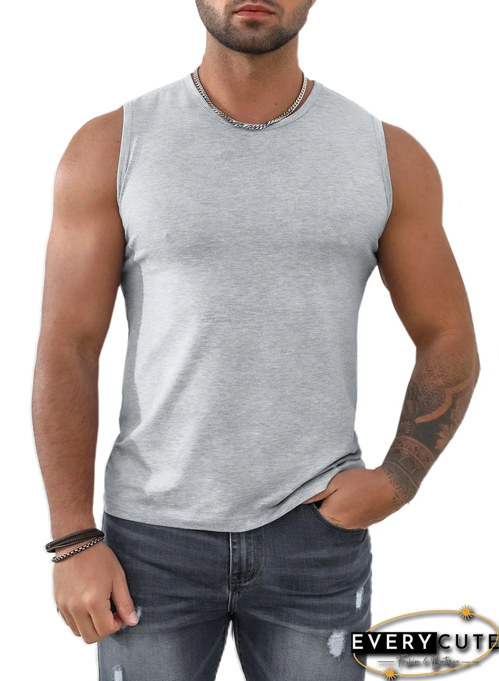 Gray Solid O Neck Slim-fit Men's Tank Top