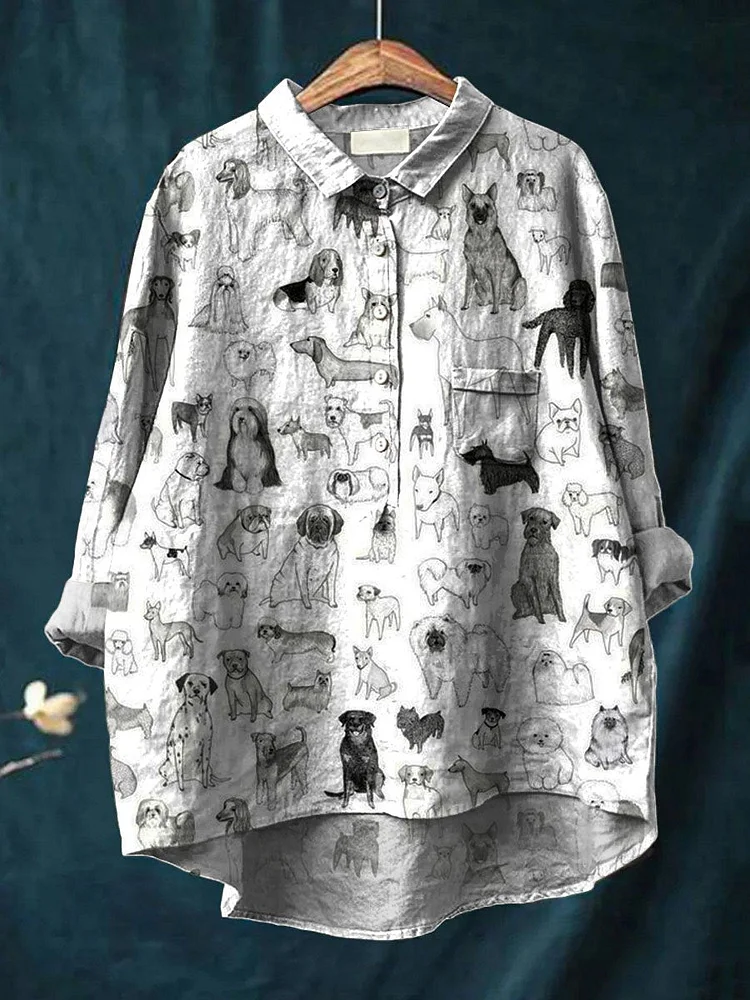 Vintage Lovely Dogs Art Print Casual Cotton And Linen Shirt